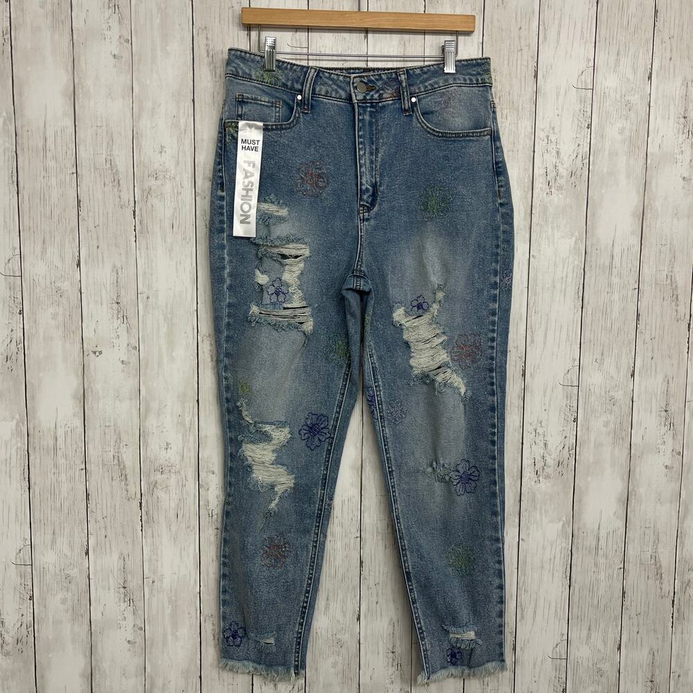 Tinseltown Hi-Rise Distressed Ripped Embroidered Flowers Ankle Mom Jean 13